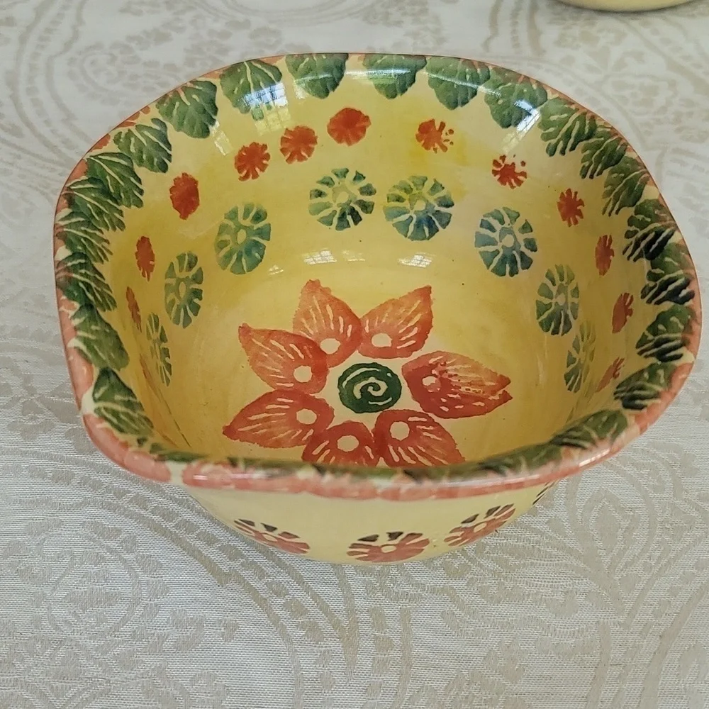 Vintage Hand Painted Pottery Bowls (2) Yellow Floral Print Ruffled Edges 🇮🇹